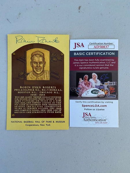 1976 YELLOW HOF PLAQUE ROBIN ROBERTS SINGLE SIGNED AUTOGRAPH PHILADELPHIA PHILLIES JSA COA